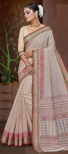 Red and Maroon, White and Off White color Saree in Cotton fabric with Printed work