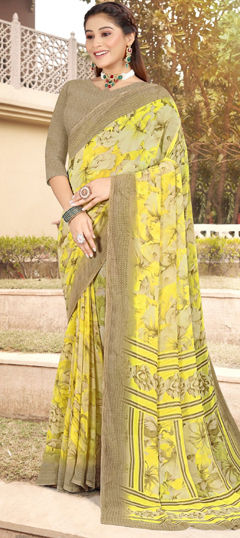Yellow color Saree in Georgette fabric with Floral, Printed work