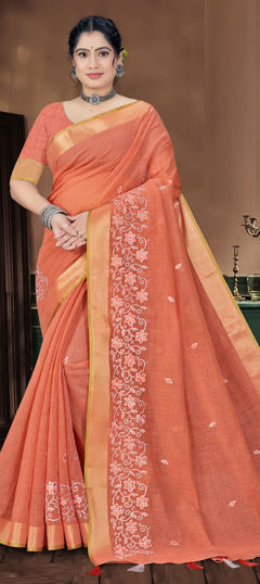 Orange color Saree in Tussar Silk fabric with Embroidered, Resham work