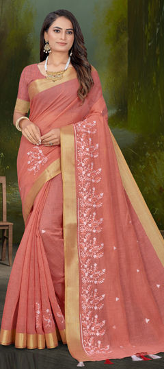 Orange color Saree in Tussar Silk fabric with Embroidered, Resham work