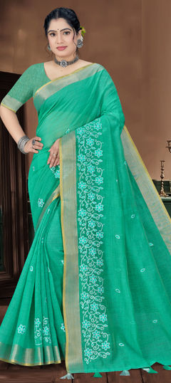 Green color Saree in Tussar Silk fabric with Embroidered, Resham work