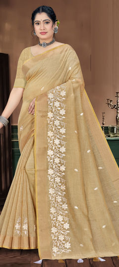 Beige and Brown color Saree in Tussar Silk fabric with Embroidered, Resham work