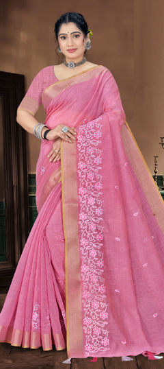 Pink and Majenta color Saree in Tussar Silk fabric with Embroidered, Resham work