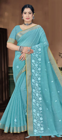 Blue color Saree in Tussar Silk fabric with Embroidered, Resham work