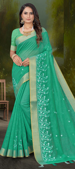 Green color Saree in Tussar Silk fabric with Embroidered, Resham work