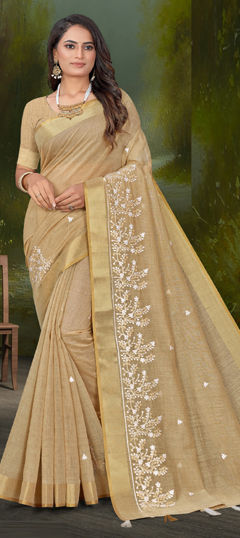 Beige and Brown color Saree in Tussar Silk fabric with Embroidered, Resham work