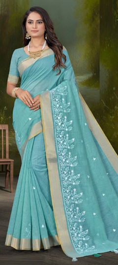 Blue color Saree in Tussar Silk fabric with Embroidered, Resham work
