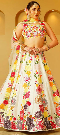 Beige and Brown color Lehenga in Georgette fabric with Weaving work