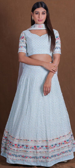 White and Off White color Lehenga in Georgette fabric with Embroidered, Sequence, Thread work