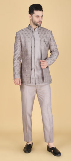 Black and Grey color IndoWestern Dress in Silk fabric with Embroidered, Sequence, Thread work