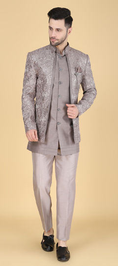 Black and Grey color IndoWestern Dress in Silk fabric with Embroidered, Sequence, Thread work