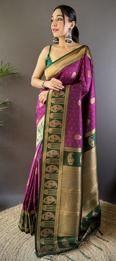 Pink and Majenta color Saree in Banarasi Silk fabric with Weaving work