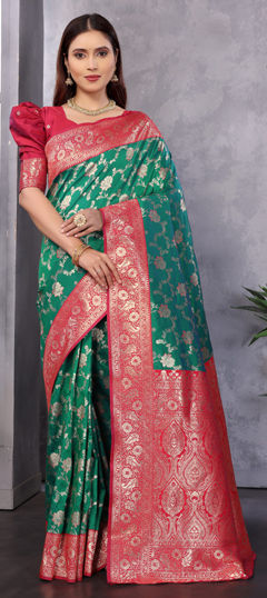 Green color Saree in Banarasi Silk fabric with Weaving work