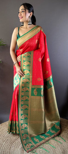 Red and Maroon color Saree in Banarasi Silk fabric with Weaving work