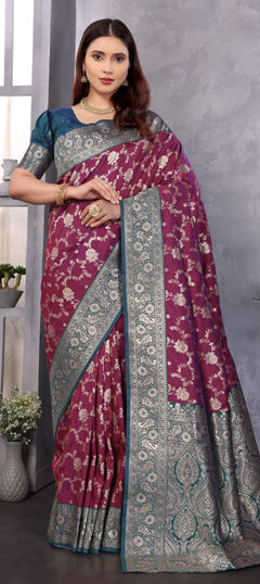 Pink and Majenta color Saree in Banarasi Silk fabric with Weaving work