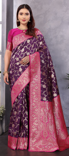 Purple and Violet color Saree in Banarasi Silk fabric with Weaving work