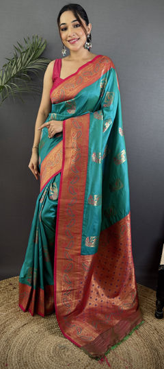 Blue color Saree in Banarasi Silk fabric with Weaving work