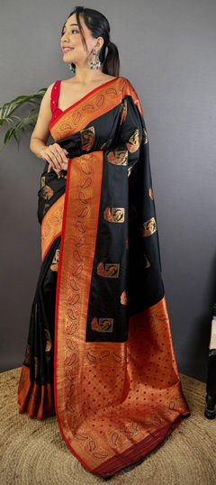 Black and Grey color Saree in Banarasi Silk fabric with Weaving work