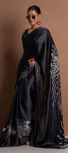 Black and Grey color Saree in Crepe Silk fabric with Digital Print work