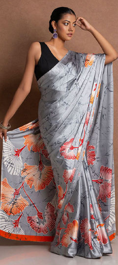 Black and Grey color Saree in Crepe Silk fabric with Digital Print work