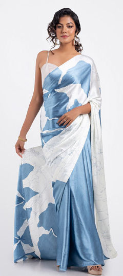 Blue color Saree in Crepe Silk fabric with Digital Print work