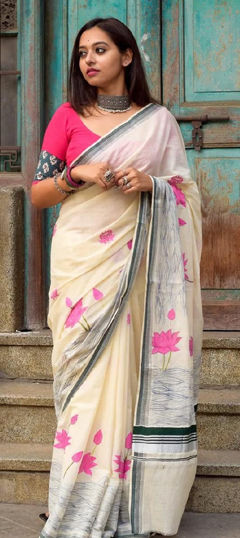White and Off White color Saree in Linen fabric with Digital Print, Floral work