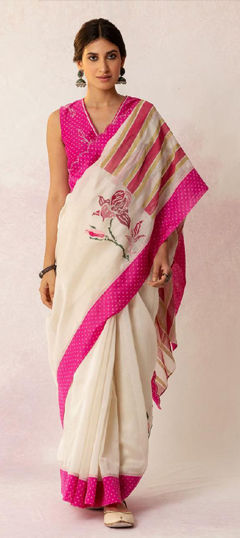 White and Off White color Saree in Linen fabric with Digital Print, Floral work