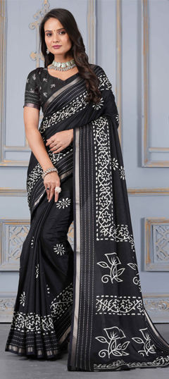 Black and Grey color Saree in Cotton fabric with Printed work