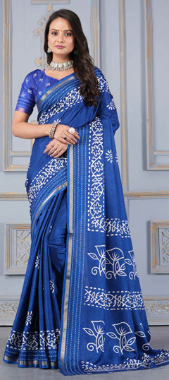 Blue color Saree in Cotton fabric with Printed work