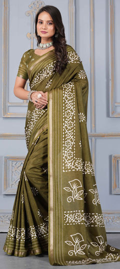 Green color Saree in Cotton fabric with Printed work