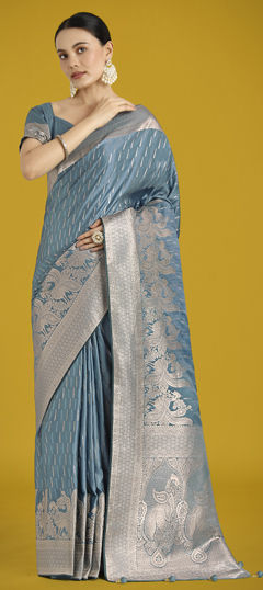 Blue color Saree in Satin Silk fabric with Weaving work