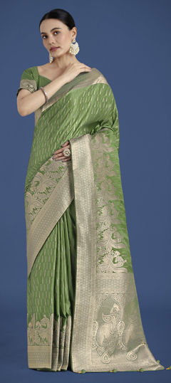 Green color Saree in Satin Silk fabric with Weaving work