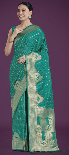 Blue color Saree in Satin Silk fabric with Weaving work