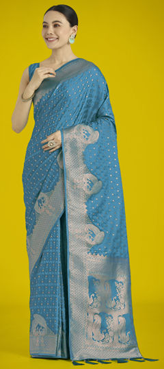 Blue color Saree in Satin Silk fabric with Weaving work