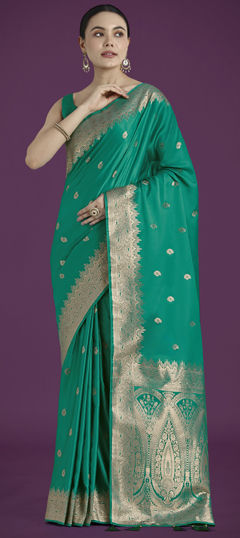 Green color Saree in Satin Silk fabric with Weaving work