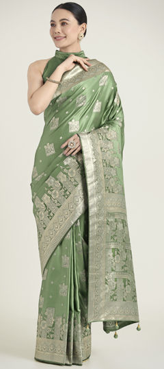 Green color Saree in Banarasi Silk fabric with Weaving, Zari work