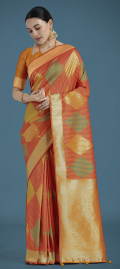 Orange color Saree in Banarasi Silk fabric with Weaving work