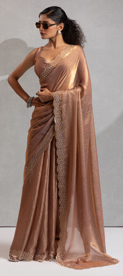 Gold color Saree in Art Silk fabric with Cut Dana, Zircon work