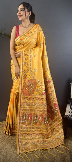 Yellow color Saree in Pashmina fabric with Weaving work