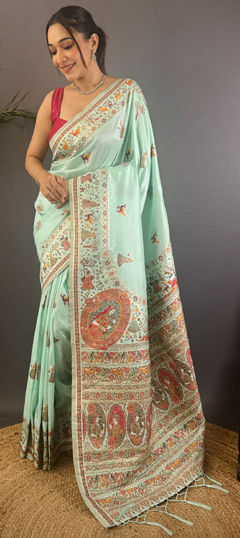 Blue color Saree in Pashmina fabric with Weaving work