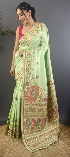 Green color Saree in Pashmina fabric with Weaving work