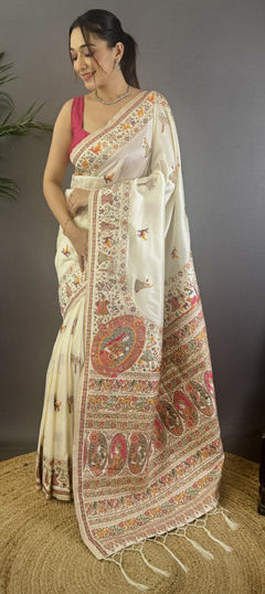 White and Off White color Saree in Pashmina fabric with Weaving work