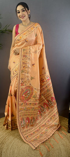 Orange color Saree in Pashmina fabric with Weaving work