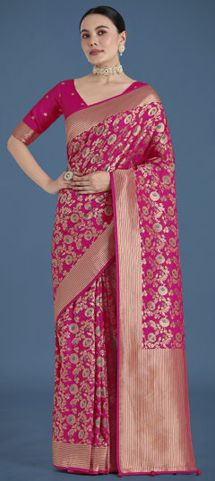 Pink and Majenta color Saree in Banarasi Silk fabric with Weaving work