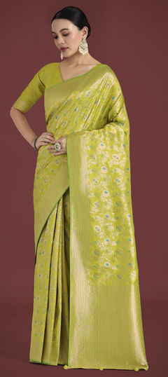 Green color Saree in Banarasi Silk fabric with Weaving work