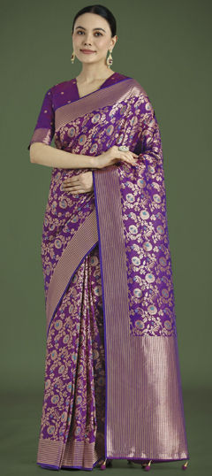 Purple and Violet color Saree in Banarasi Silk fabric with Weaving work