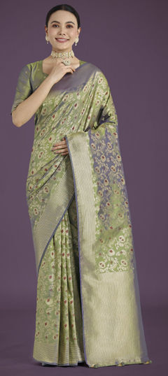 Green color Saree in Banarasi Silk fabric with Weaving work