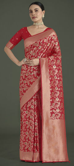 Red and Maroon color Saree in Banarasi Silk fabric with Weaving work
