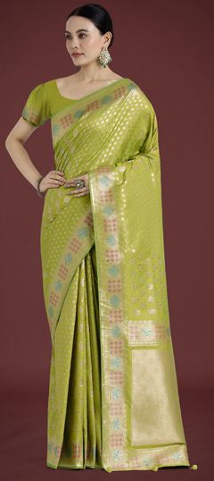 Green color Saree in Banarasi Silk fabric with Weaving work