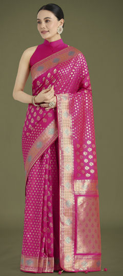 Pink and Majenta color Saree in Banarasi Silk fabric with Weaving work